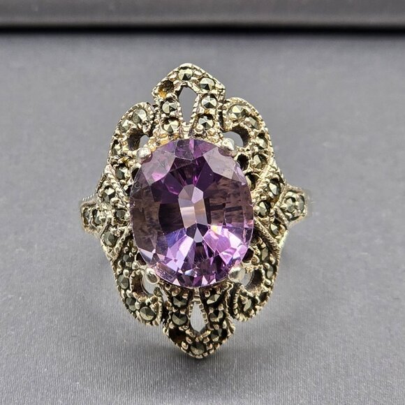 VTG Sterling Silver Amethyst Marcasite Cocktail Ring Size 6.5 Signed TH Art Deco - Picture 13 of 13